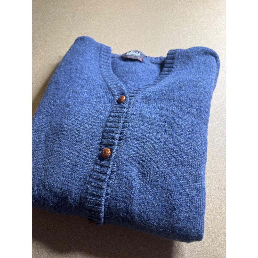 Vintage Woolrich Blue Wool Blend V-Neck Cardigan Sweater Leather Buttons Large
